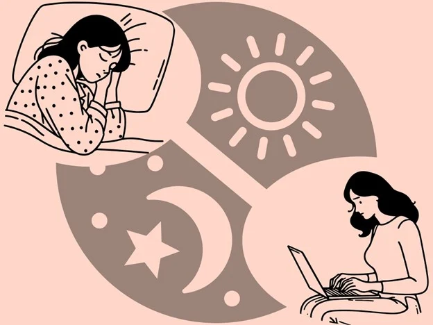 Illustration contrasting a woman sleeping at night and using a laptop during the day