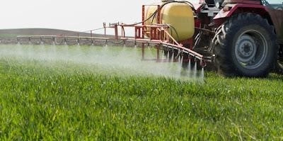 Tractor spraying herbicide across a green crop field