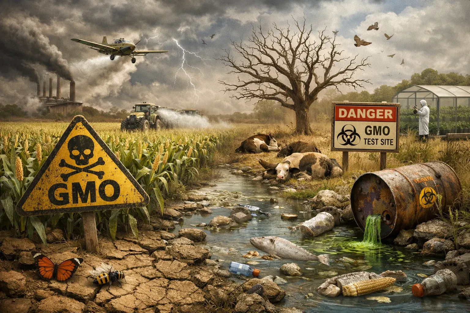 Illustration of a damaged farm landscape with a GMO warning sign, crop dusting plane and polluted stream