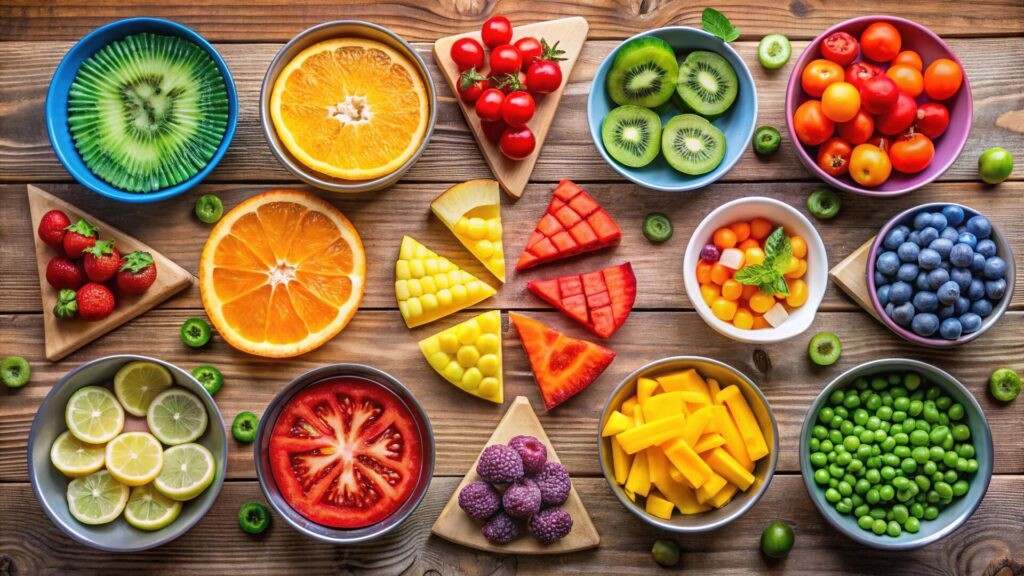 Bowls filled with sliced fruits and veggies illustrating serving sizes on a wooden table