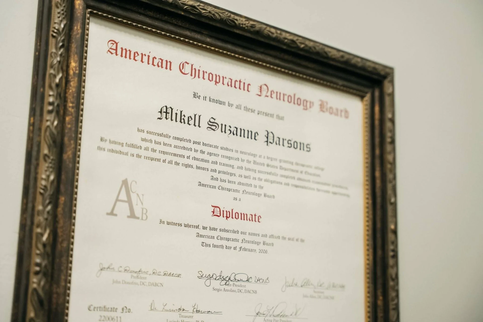 Framed American Chiropractic Neurology Board Diplomate certificate awarded to Mikell Suzanne Parsons