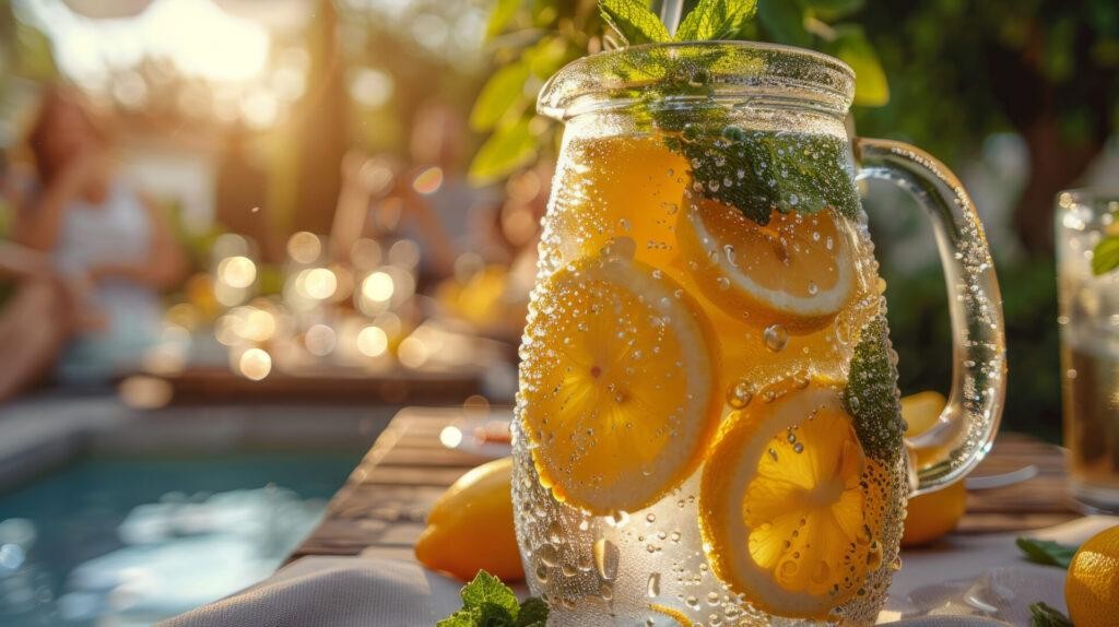 A glass pitcher filled with water, ice, and slices of lemon and lime, sitting on a table outdoors near a pool