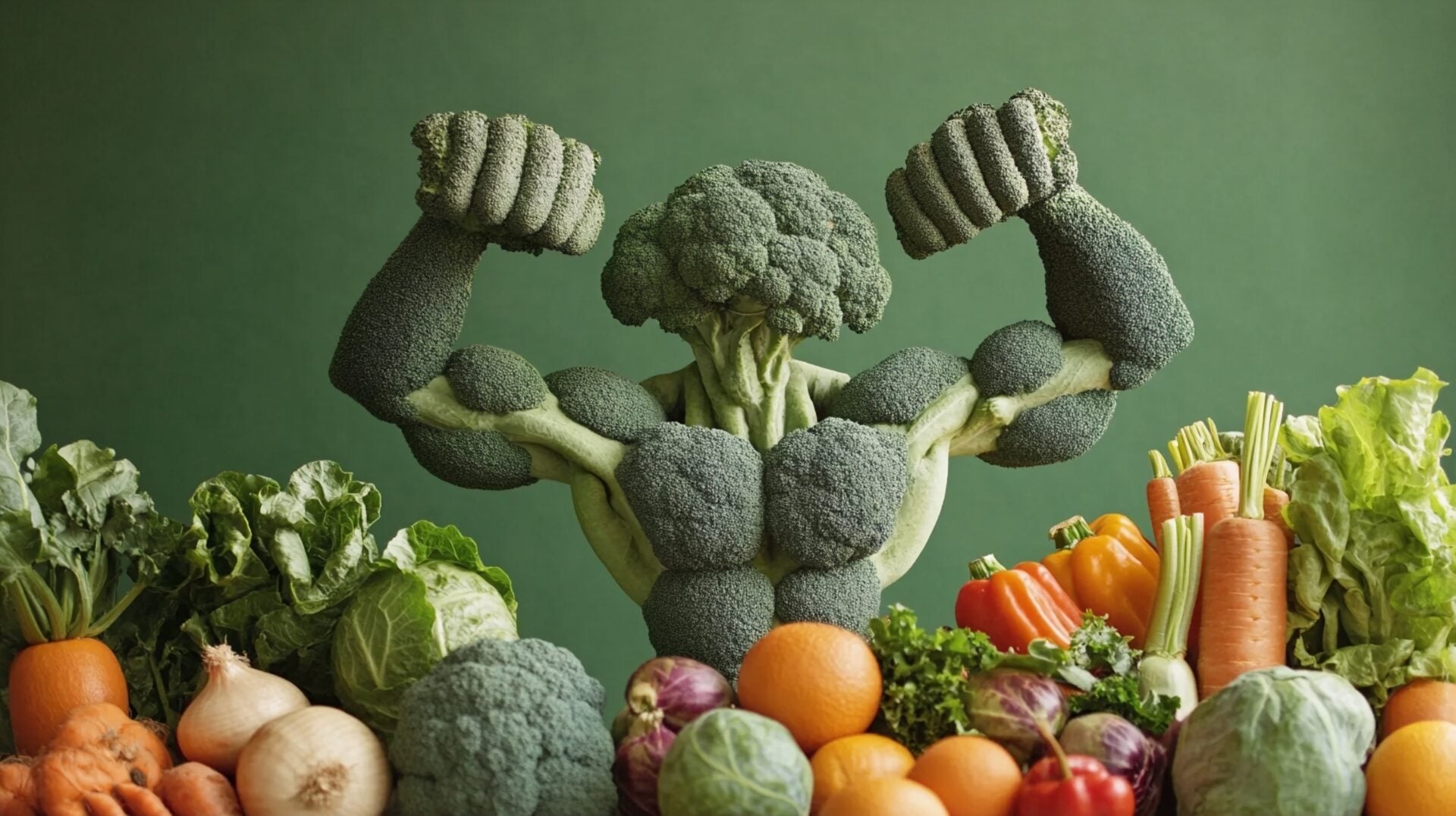 Muscular broccoli superhero flexing amidst colorful array of fresh vegetables, symbolizing strength from healthy eating on green background. Muscular broccoli superhero flexing amidst colorful array of fresh vegetables, symbolizing strength from healthy eating on green background.